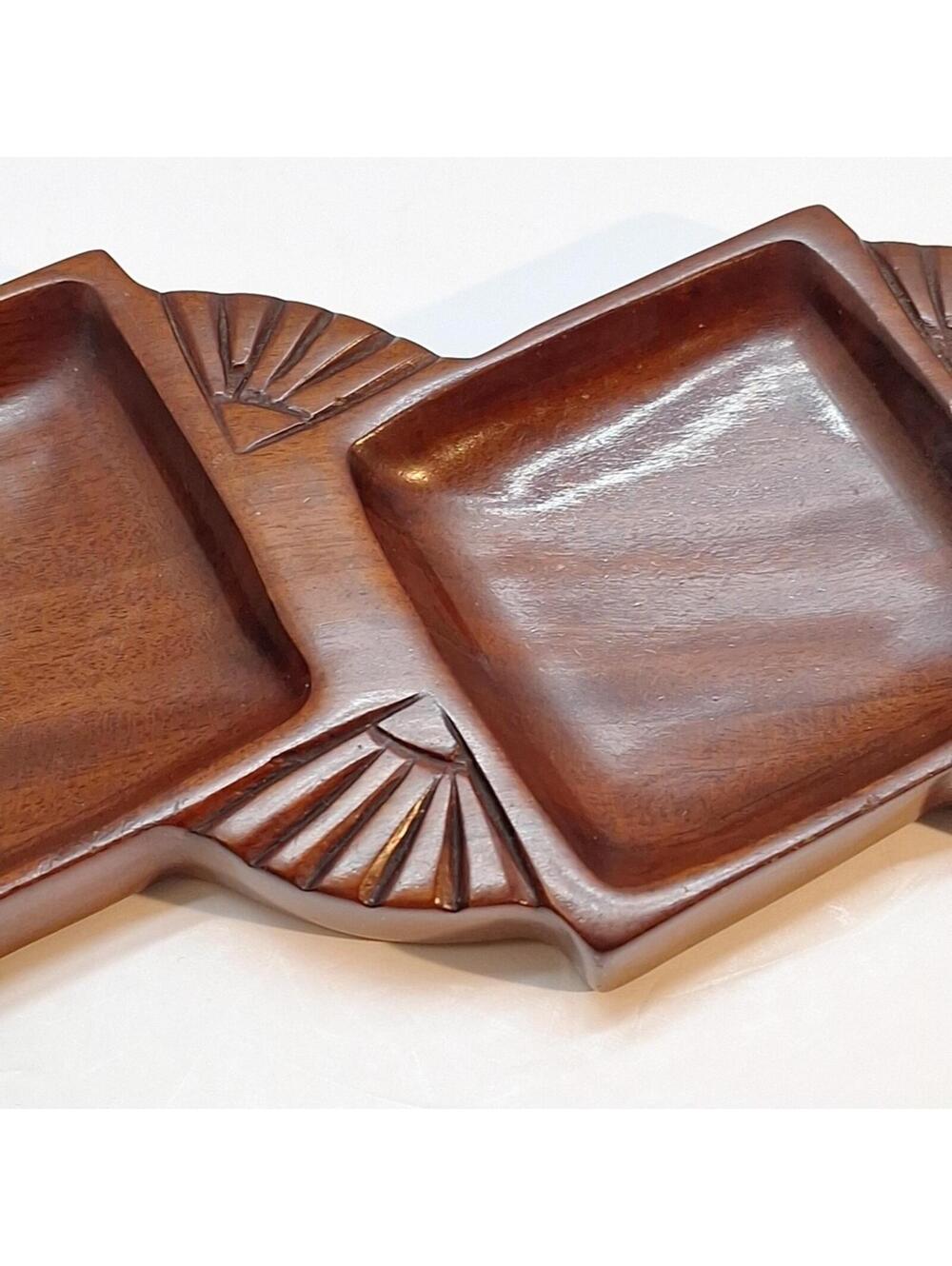 Solid Mahogany Carved 3 Compartment Serving Tray Made in Hayti Port-au-Prince - Picture 6 of 9